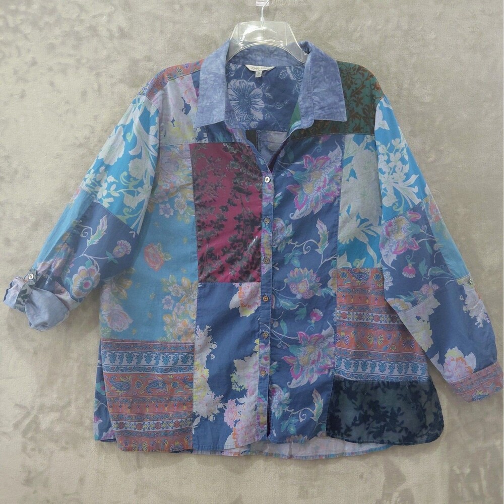 John Mark Patchwork Shirt Womens 1X Burnout Velvet Floral Roll Tab Sleeves Artsy